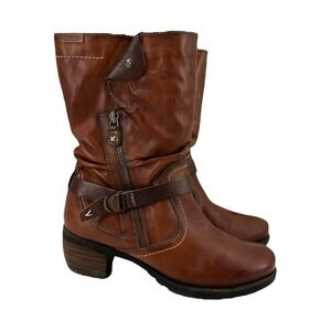 Pikolinos Mid-Calf Moto Boots Brown Leather Women's Size 7.5 Euro 38